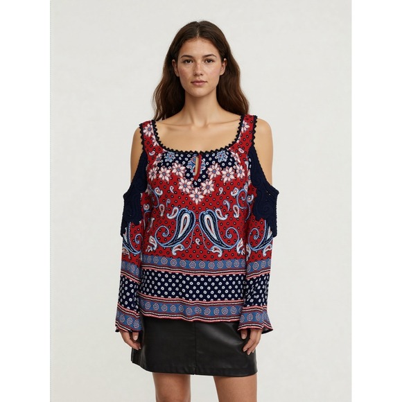 Bila‎ Blouse Top Women Sz M Red Blue Paisley Crochet Accent Cold Shoulder Boho - Picture 1 of 10